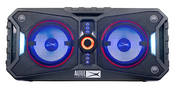 Altec Lansing Xpedition 8 Front panel – lighted woofers and tweeters are protected with an aluminum grille; the control panel is in the middle