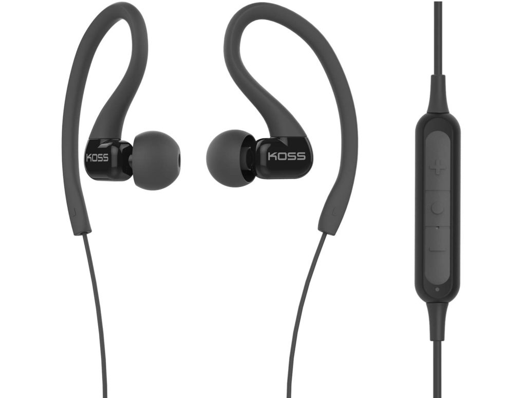 Sporty design with small earpieces, flexible over-ear hooks, and in-line controls