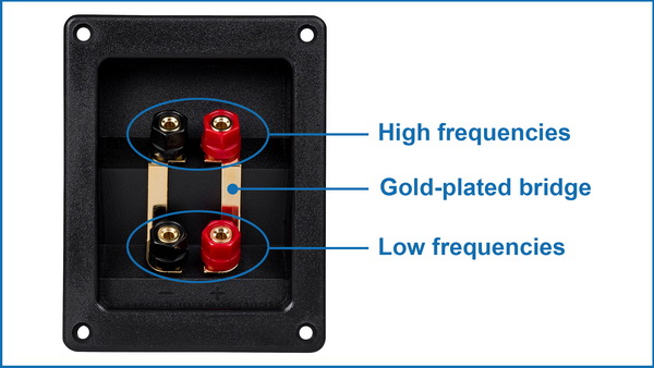 Twin binding posts connected with a gold-plated bridge